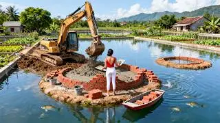 TIMELAPSE | Building a Small Brick Island in the Middle of a Fish Pond | Fish Farming