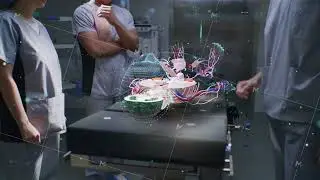 Surgical team work in operating room. 3D graphics of virtual human organs