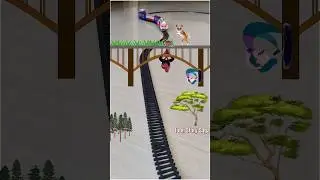 Spiderman is hanging from the bridge and dog is mowing the grass and the train is approaching fast