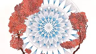 Geometric art - Autumn sky and maple leaves with a compass and pens