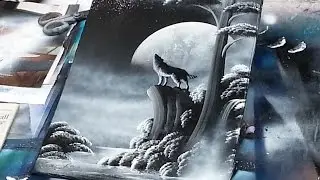 spray paint art - Wolf and moon - made by street artist