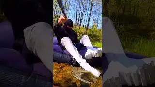 Wet boots. Wetlook. White leather boots, I began to lower the water.