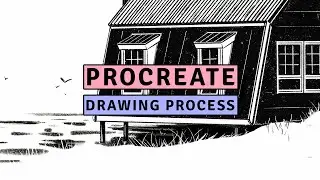 cabin illustration process - black & white digital drawing w procreate ink brush for handmade look