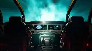 Space travelers-astronauts fly through the space portal in their interstellar spacecraft.