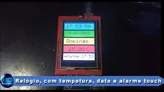 Relógio, com data, dia da semana, temperatura e alarme com display touch.