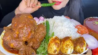 ASMR EATING SPICY WHOLE CHICKEN CURRY,EGG CURRY,BASMATHI RICE,GREEN CHILLI *FOOD VIDEOS*