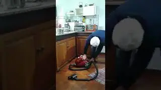 Дед заводит пылесос.