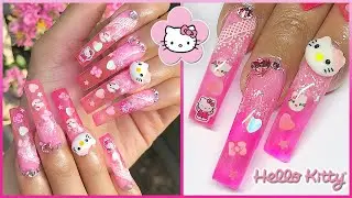 Watch Me Do My Nails! Hello Kitty Pink Jelly Glitter Bling Fimo Acrylic Nails