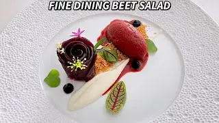 Fine Dining Beet Salad with Beetroot Rose, Beetroot Sorbet, Goat Cheese, Walnut & Balsamic Gel