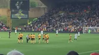 Wolves players having a little party dance after the half time team talk during Chelsea match.