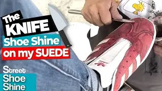 ASMR Shoe Shine 🔪🔪 KNIFE on Suede 💖  Suede Adidas Sneakers #asmr shoe collection