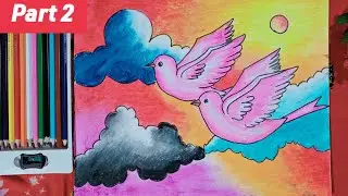 easy scenery drawing with flying birds | part:2 | how to draw a beautiful scenery with birds