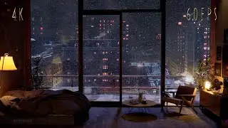 (Night Version For Sleeping) NYC Heavy Snowfall In A Cozy Apartment | 4K |  60FPS