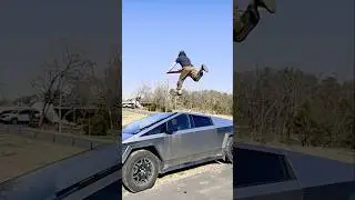 Stick flipping over Cybertruck on Extreme pogo stick Henry Cabelus