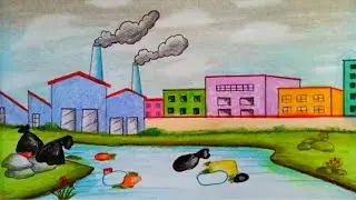 फैक्ट्रियों से होने वाले पर्यावरण प्रदूषण का चित्र // How to draw Scenery of environmental Pollution