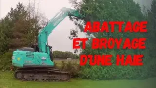 abattage et broyage d'une haie .pelle kobelco sk 180 lc 11,  woodcracker , broyeur plaisance