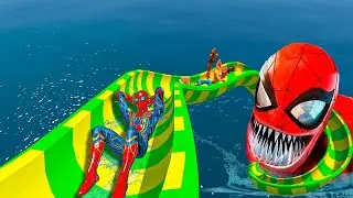 Spiderman in water slides. Epic Ragdoll Physics GTA 5 Ep.143 #waterslide #ragdoll #spiderman