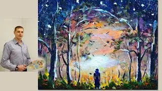 Как рисовать акрилом ВОЛШЕБНЫЙ ЛЕС поэтапно. Уроки рисования для новичков. Валерий Рыбаков