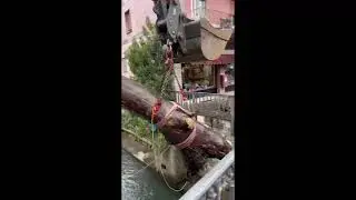 Gavardo 24 aprile 2024 - Rimozione di un grosso tronco incastrato sotto il ponte sul Naviglio