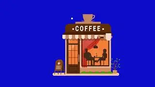 Animation on blue background. Cafeteria. Shop animation. Building. Green Screen
