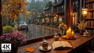 Rainy Autumn Café Street & Soothing Jazz Piano 🍂 Vintage Jazz, Candlelight Vibes for Study & Sleep