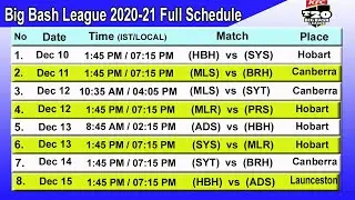 Big Bash League 2020-21 Full Schedule & Fixture || BBL 2020-21 Fixture || STARTING DATE 10/12/2020