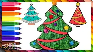 Drawing and Coloring 3 Christmas Trees 🎄🎁✨ GLITTER ✨🌈 Christmas Drawings for Kids
