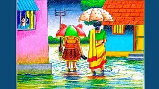 How to draw a rainy day scenery step by step/Rainy season scenery drawing