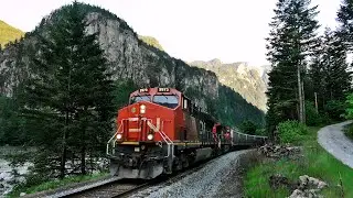 Massive Unit Grain Train Empties With DPU In The Fraser Canyon