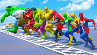 COLOR TEAM RUN SPIDERMAN , VENOM, HULK SHARK, ZOMBIE SPIDERMAN | SUPERHEROES Running Challenge #1039