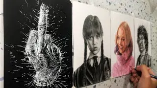 Drawing 4 Wednesday Characters with different style (Wednesday, Enid, Thing, Eugene) | Futuge