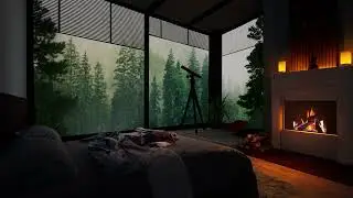 Rainy Day | Relaxing Piano Music | Sleep, Study, Relax | Cozy fireplace in a forest house.