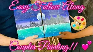 SIP & PAINT AT HOME!!// Easy DIY Couples Landscape Painting!! #couplespainting #art