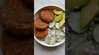 3 HEALTHY PROTEIN VEGAN BURGERS @cookingforpeanuts & cucumber salad! See 📌 comment/description.