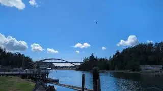 an orange bridge in a sea of green bridges #laconner #laconnerguitarfestival #momentofzen