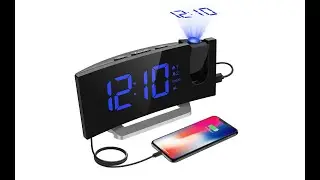 Projection Dual Alarm Clock 5INCH Curved Screen with FM Radio,180° Projector Snooze USB Charger Port