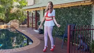 Nurse Brandy Costume Pleaser Delight-608N Red 6 Inch High Heel Platform Shoes White Stockings