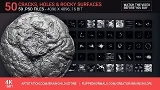 VOL. 2 - 50 Damage, Cracks, Holes | 50 Alpha Pack | 50 Alpha Textures |  Zbrush, Blender & Substance