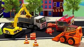 Fire Truck, Excavator, Bulldozer, Dump Truck and Giant Wheels | Construction Vehicles 3D Cartoon