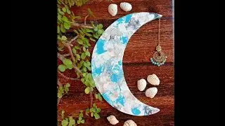Abstract Fluid Painting on Moon Shaped Ceramic Tile..
