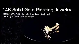 14K Solid Gold Sunrise Design Threadless Labret Stud with CZ Stone