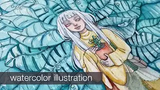 Watercolor illustration timelapse process: Girl with Leaves