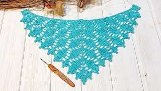 Вяжем простую красивую шаль-бактус крючком узором листья. How to crochet a beautiful shawl