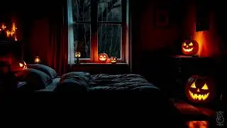 Sleep with Halloween Rain in a Dark Cozy Bedroom | Glowing Jack-O'-Lanterns | 10 Hours | No Ads