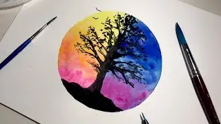 Simple Watercolor Painting for Beginners Time Lapse | Day Vs Night Sky