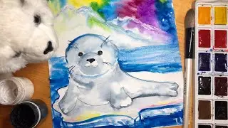 ТЮЛЕНЁНОК. Рисуем маленького тюленя и северное сияние. Очень просто и красиво.