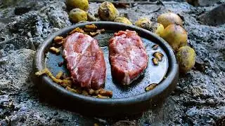 Пържоли на сач с печени зеленчуци на огън - рецепта