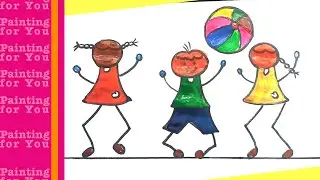 three little kiddles playing with ball scene - Drawing and painting || Painting For You