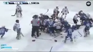 A mass brawl of children's teams in hockey