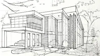 How to draw 2 Point Perspective modern 2 storey house.